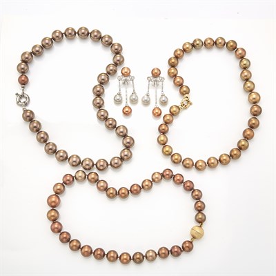 Lot 1462 - Three Dyed Brown Cultured Pearl Necklaces and Pair of White Gold, Cultured Pearl and Diamond Pendant-Earrings