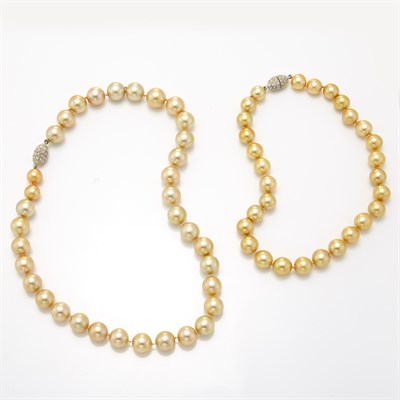 Lot 1618 - Double Strand Golden South Sea Cultured Pearl Necklace with Metal and Rhinestone Clasp