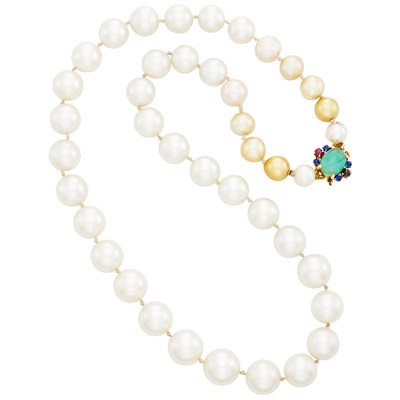 Lot 752 - Long South Sea Cultured, Golden and Freshwater Pearl Necklace with Gold and Cabochon Gem-Set Clasp