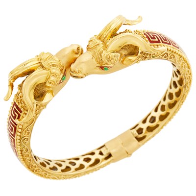 Lot 342 - Gold and Enamel Capricorn Head Bangle Bracelet