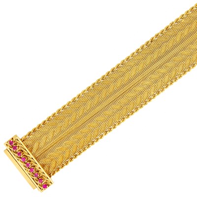 Lot 677 - Gold and Synthetic Ruby Slide Bracelet