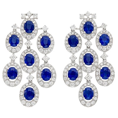 Lot 198 - Pair of White Gold, Sapphire and Diamond Girandole Pendant-Earrings