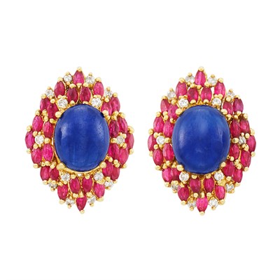 Lot 296 - Pair of Gold, Cabochon Sapphire, Ruby and Diamond Earrings
