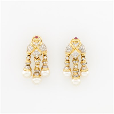 Lot 1062 - Pair of Gold, Diamond and Cultured Pearl Pendant-Earrings