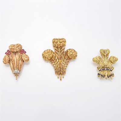 Lot 1413 - Rose Gold, Ruby and Diamond Clip-Brooch, Cartier, Two Gold, Diamond and Enamel Leaf Brooches