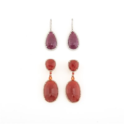 Lot 1528 - Pair of Rose Gold, Carnelian and Garnet Pendant-Earrings and White Gold, Ruby and Diamond Pendant-Earrings