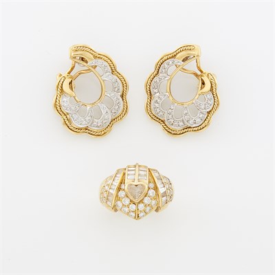 Lot 1059 - Pair of Two-Color Gold and Diamond Earclips and Gold and Diamond Ring