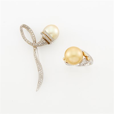 Lot 1079 - White Gold, Freshwater Pearl and Diamond Brooch and Golden Cultured Pearl and Diamond Ring