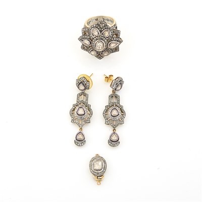 Lot 1516 - Pair of Indian Silver, Gold and Diamond Pendant-Earrings, Ring and Clasp