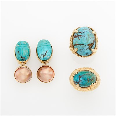 Lot 1548 - Two Gold and Turquoise Rings and Pair of Carved Turquoise Beetle and Peach Mabé Pearl Pendant-Earclips