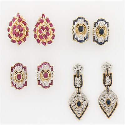 Lot 1573 - Four Pairs of Two-Color Gold, Diamond and Gem-Set Earrings
