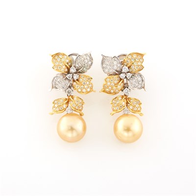 Lot 1385 - Pair of Two-Color Gold, Diamond and Golden Cultured Pearl Pendant-Earrings