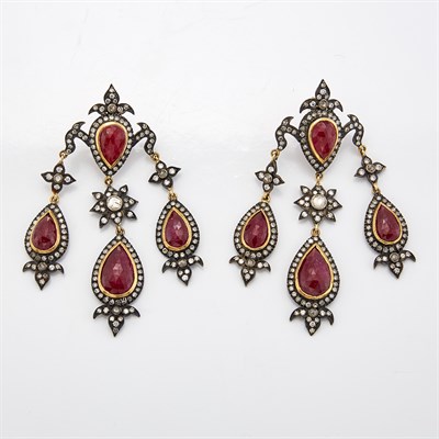 Lot 1649 - Pair of Indian Silver, Gold, Ruby and Diamond Girandole Pendant-Earrings