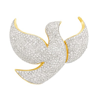 Lot 1141 - Two-Color Gold and Diamond Bird Pendant-Brooch