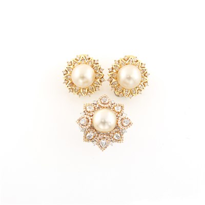 Lot 1389 - Pair of Gold, Cultured Pearl and Diamond Earrings and Tricolor Gold, Cultured Pearl and Diamond Ring