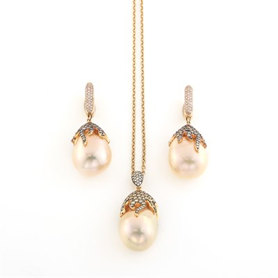 Lot 1499 - Pair of Rose and Blackened Gold, Diamond and Baroque Freshwater Pearl Pendant-Earrings