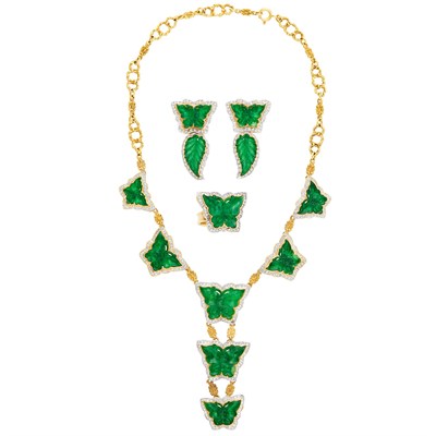 Lot 1420 - Two-Color Gold, Carved Jade and Diamond Butterfly Necklace, Pair of Pendant-Earrings and Ring