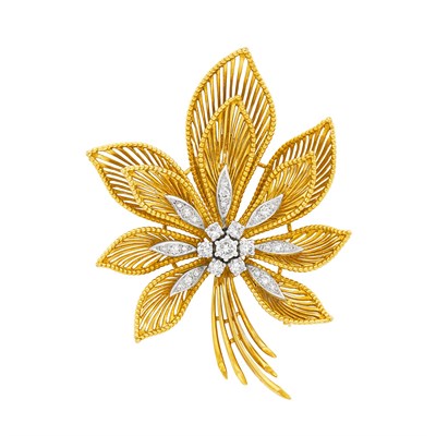 Lot 113 - Two-Color Gold and Diamond Flower Clip-Brooch