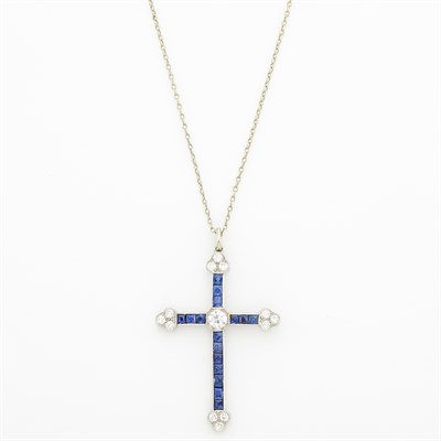 Lot 1206 - Platinum, Sapphire and Diamond Cross Pendant with Chain Necklace
