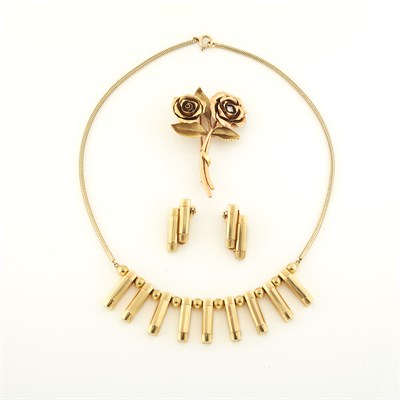 Lot 1579 - Retro Gold Necklace and Pair of Earclips and Two-Color Gold and Diamond Flower Brooch