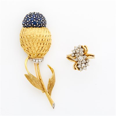 Lot 1620 - Gold, Sapphire and Diamond Flower Brooch, Erwin Pearl, and Diamond Cluster Ring