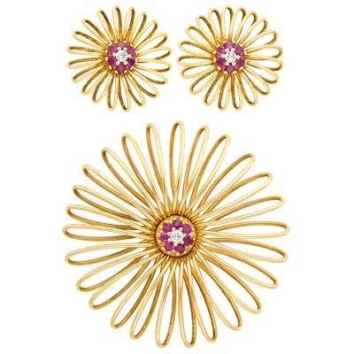 Lot 299 - Gold, Diamond and Ruby Flower Brooch and Pair of Earclips