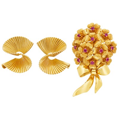 Lot 109 - Pair of Gold Earclips, Cartier, and Gold and Ruby Bouquet Brooch, Tiffany & Co.