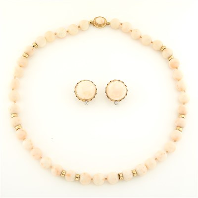 Lot 1110 - Gold and Angel Skin Coral Bead Necklace and Pair of Coral and Diamond Earclips