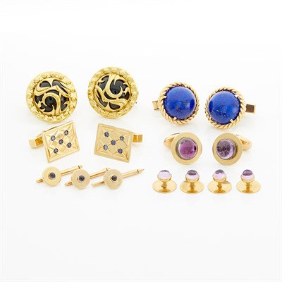 Lot 1601 - Gold and Amethyst Dress Set, Sapphire Cufflinks Dress Set and Two Pairs of Lapis and Black Onyx Cufflinks