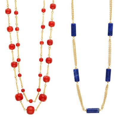 Lot 675 - Long Gold and Oxblood Coral Bead Chain Necklace and Gold and Sodalite Bead Chain Necklace