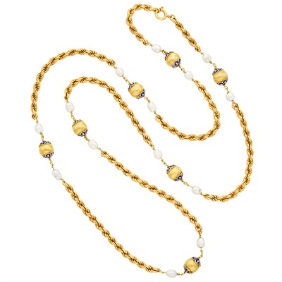 Lot 1133 - Long Gold, Enamel and Freshwater Pearl Chain Necklace