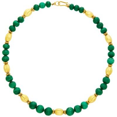 Lot 1322 - Gold and Malachite Bead Necklace