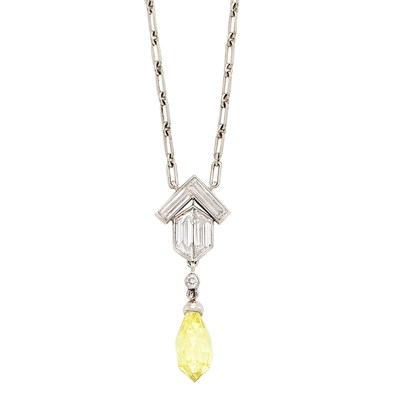 Lot 296A - Platinum, Fancy Intense Yellow Diamond Briolette and Diamond Pendant-Necklace, Tiffany & Co.