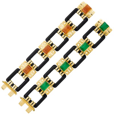 Lot 359 - Pair of Wide Gold, Black and Green Onyx and Carnelian Bracelets, Marzo, Paris