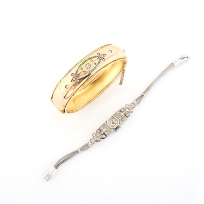 Lot 1532 - Platinum and Diamond Wristwatch and Gold, Diamond and Emerald Bangle Bracelet