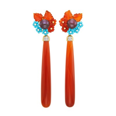 Lot 378 - Pair of Gold, Carnelian, Carved Turquoise, Black Cultured Pearl, and Diamond Pendant-Earclips