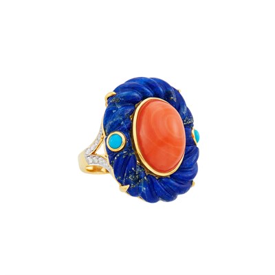 Lot 286 - Gold, Coral, Fluted Lapis, Turquoise and Diamond Ring