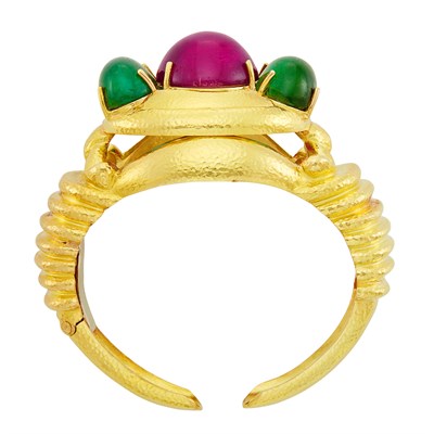 Lot 276A - Hammered Gold, Cabochon Tourmaline and Rubellite Bangle Bracelet