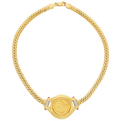 Lot 35 - Gold, Gold Coin, Diamond and Cabochon Ruby Necklace