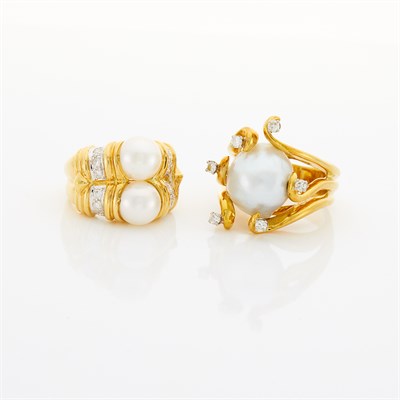 Lot 1033 - Two Gold, Cultured Pearl and Diamond Rings