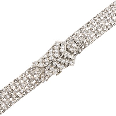 Lot 1083 - Platinum and Diamond Bird Bracelet-Watch