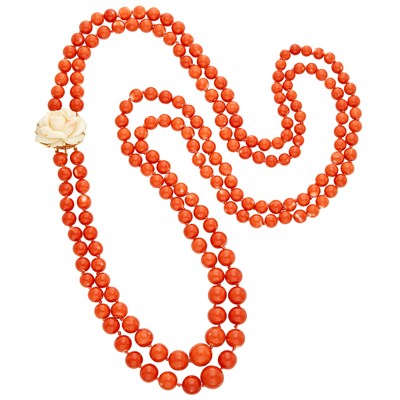 Lot 278 - Long Double Strand Coral Bead Necklace with Gold and Carved White Coral Flower Brooch/Clasp Combination