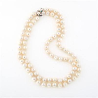 Lot 1697 - Double Strand Cultured Pearl Necklace with White Gold and Diamond Clasp