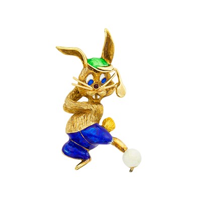 Lot 642 - Gold and Enamel Rabbit Golfer Brooch, Martine