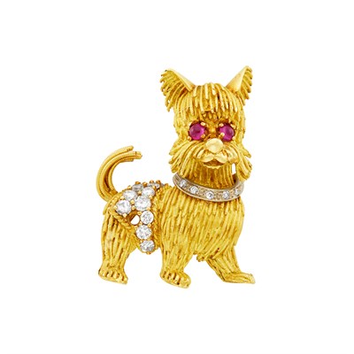 Lot 99 - Gold, Diamond and Cabochon Ruby Dog Brooch