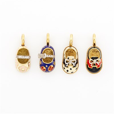 Lot 1031 - Four Gold, Enamel and Diamond Shoe Charms, Aaron Basha