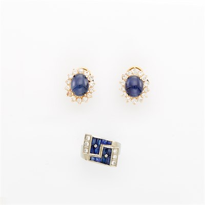 Lot 1628 - Pair of Gold, Cabochon Sapphire and Diamond Earrings and Platinum, Sapphire and Diamond Ring
