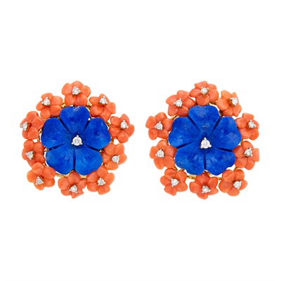 Lot 277 - Pair of Gold, Carved Lapis and Coral and Diamond Flower Earrings