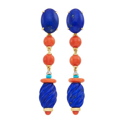 Lot 667 - Pair of Gold, Lapis, Coral, Turquoise and Diamond Pendant-Earclips