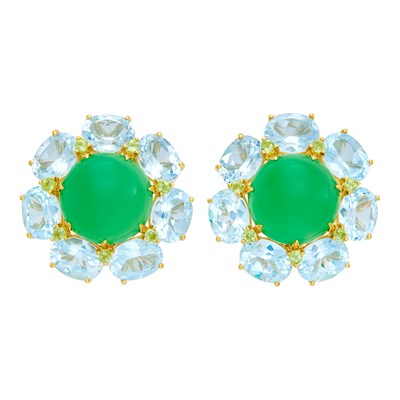 Lot 717 - Pair of Gold, Green Chalcedony, Blue Topaz and Peridot Earclips